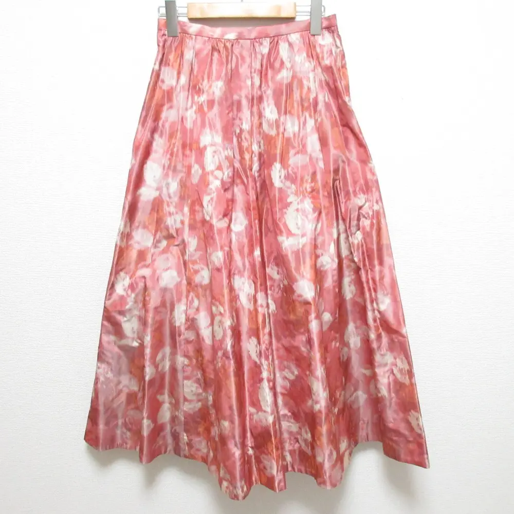  Drawer ドゥロワー フラワープリント シルクブレンド イージーウエスト ロングフレアスカート サイズ38 レッド系