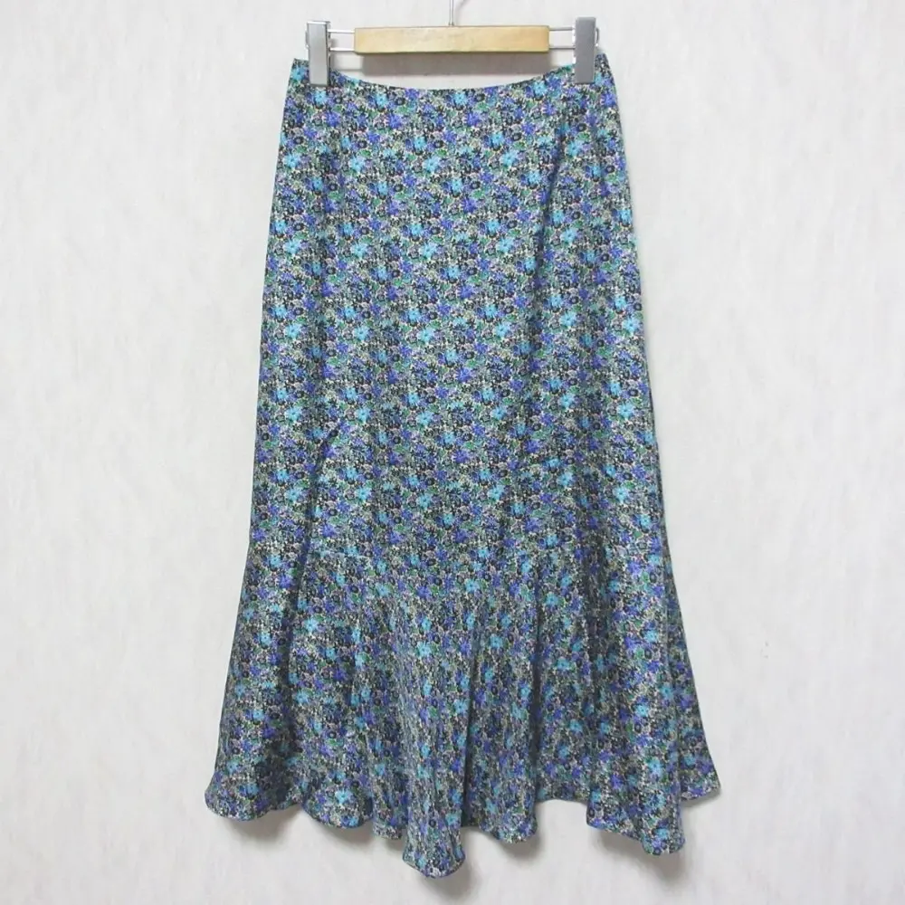 21AW Drawer ドゥロワー シルク100％ フラワープリント ロング丈 フレアスカート 6524-299-1600 36 ブルー