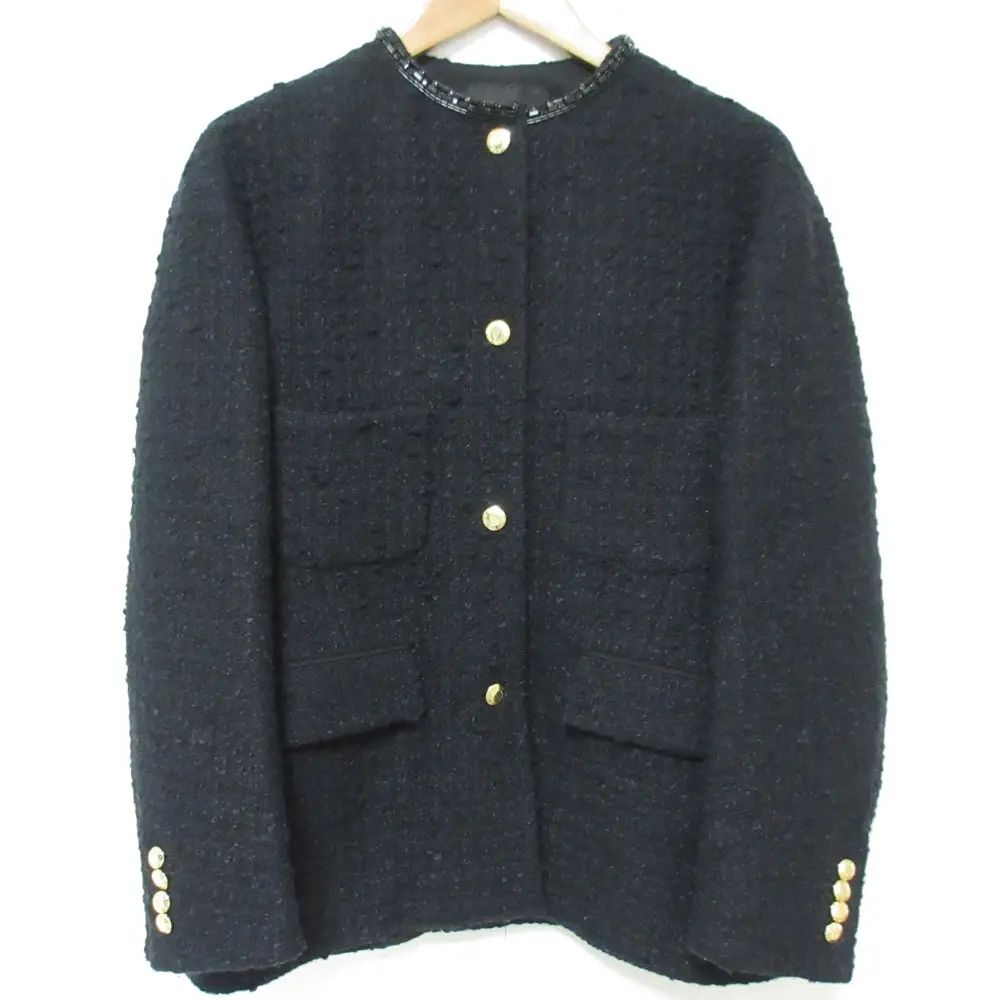 Drawer ドゥロワー 2023年モデル ウールコットンナイロン ツイード ビジューネック ジャケット サイズ36 ダークネイビー