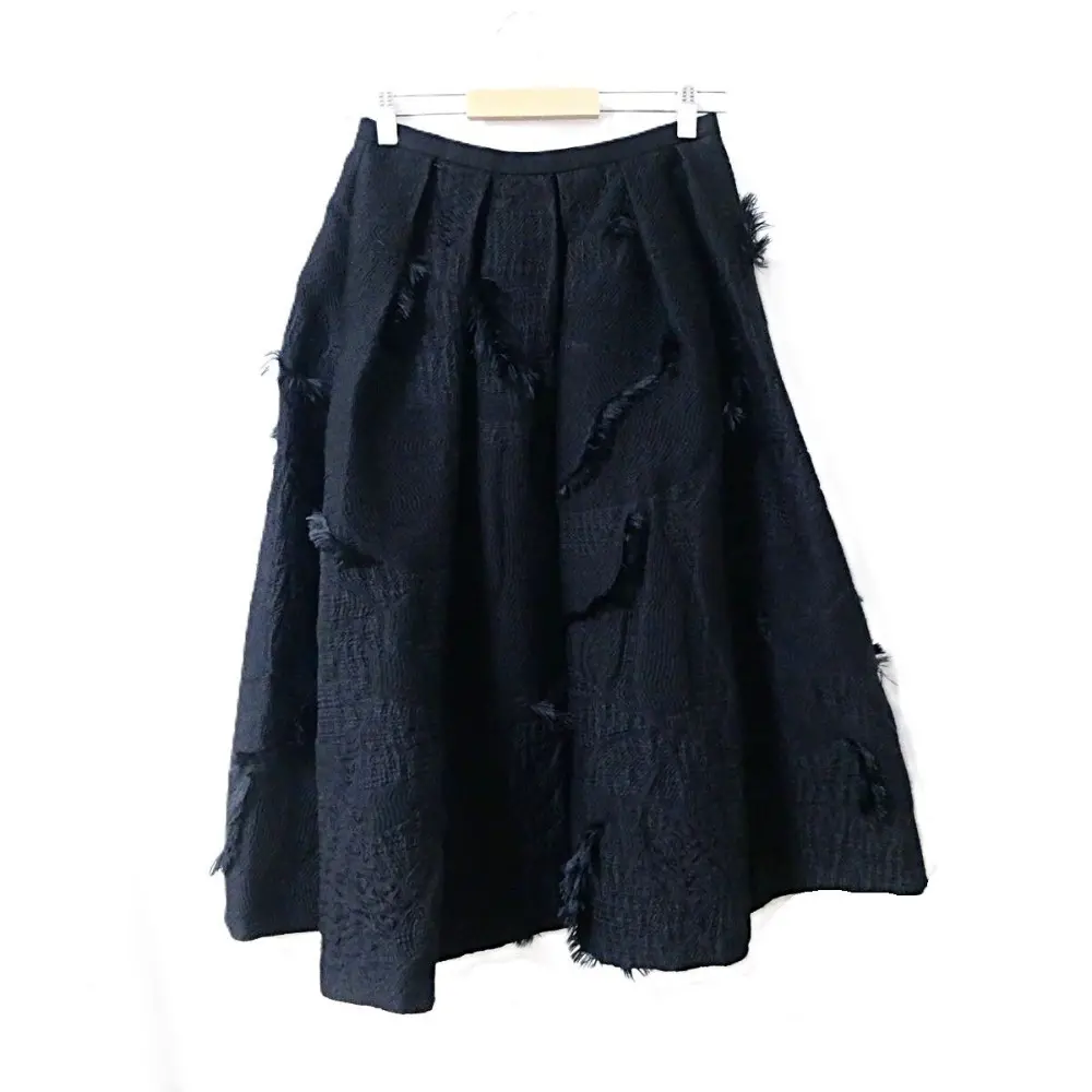 Drawer ドゥロワー シルクブレンド ロング丈 ミモレ丈 フリンジジャカードタックスカート フレアスカート 36 ブラック