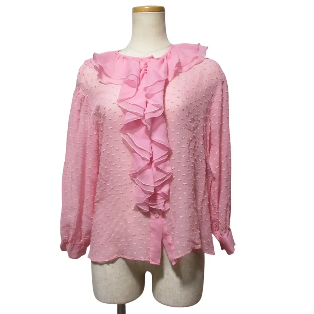 DRAWER ドゥロワー カットジャカード 長袖 フリル シルクブラウス シャツ 36 ピンク