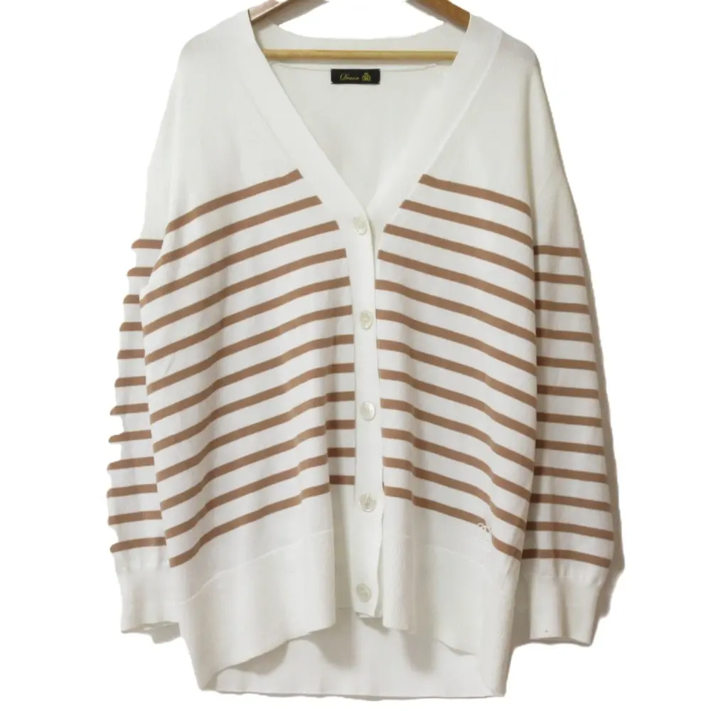 Drawer ドゥロワー 肩リボン ボーダー シェルボタン ロゴ刺繍 カーディガン 6515-199-0562 ホワイト×ベージュ
