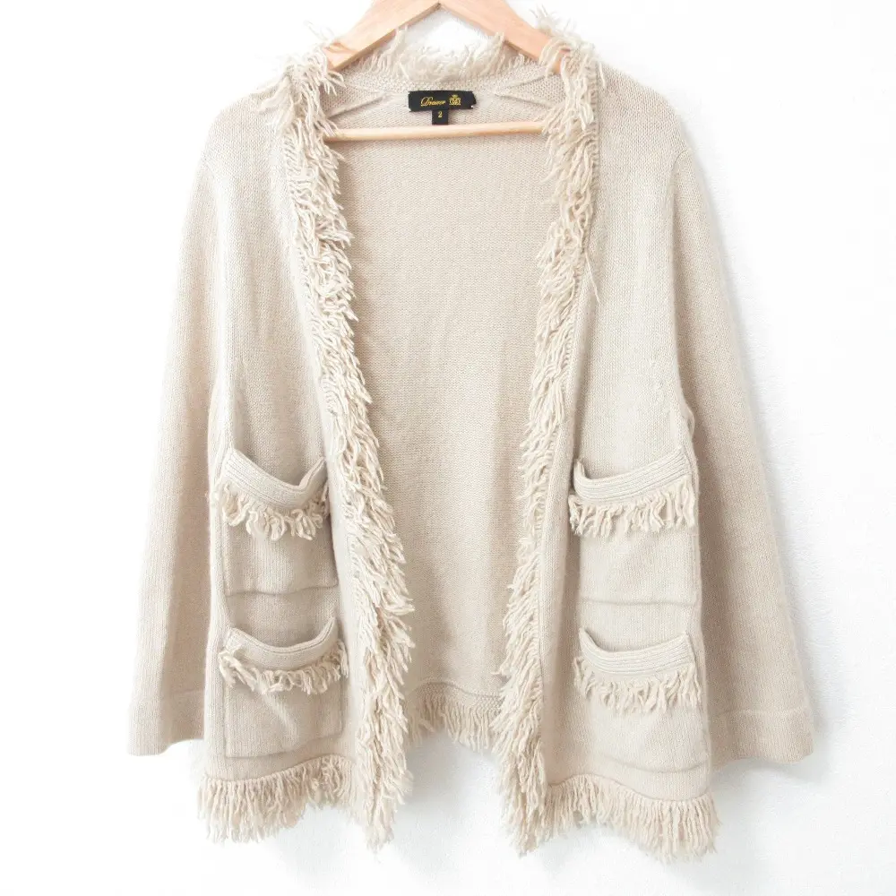 Drawer ドゥロワー コットンカシミヤ フリンジニットカーディガン ガウン 2 ベージュ