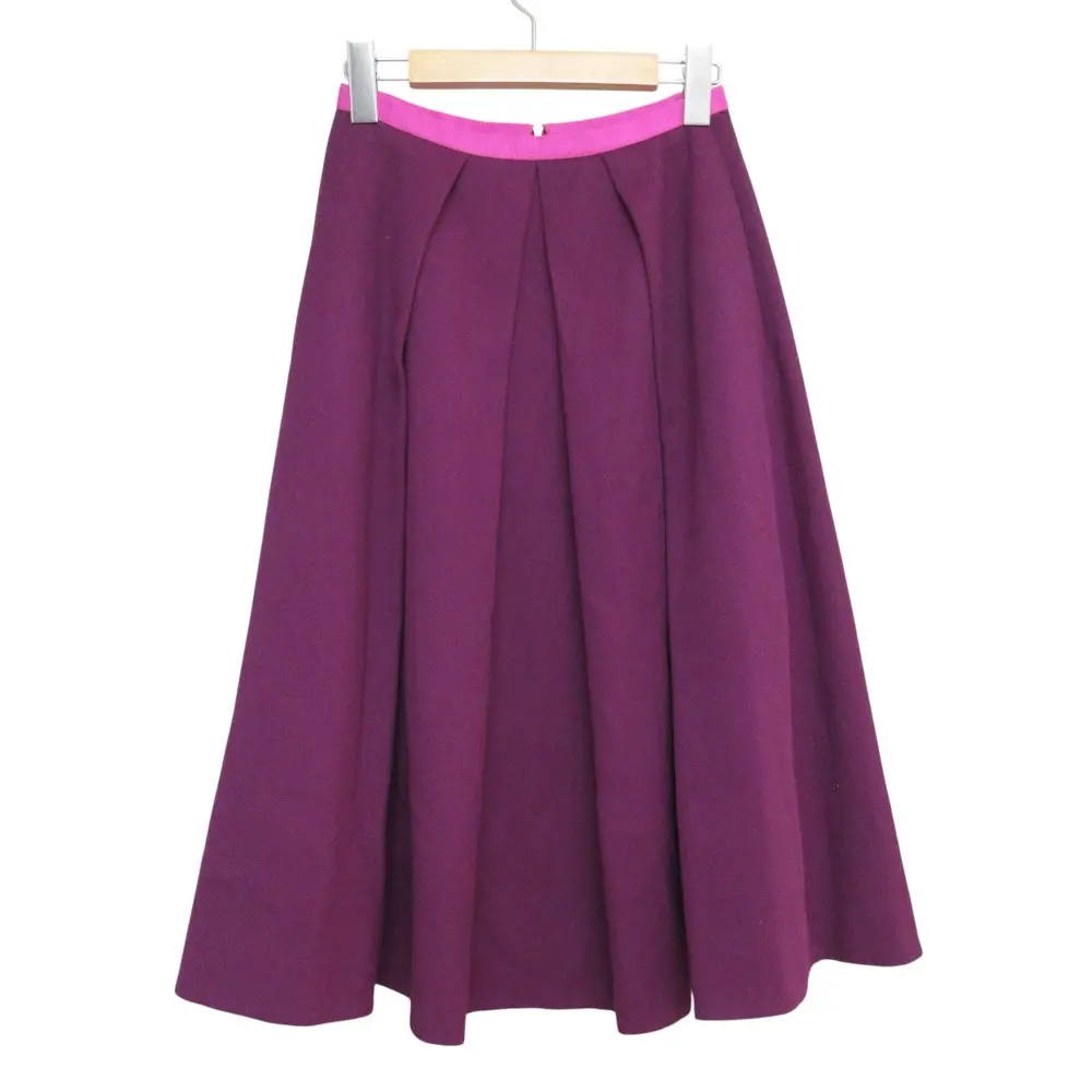 DROWER ドゥロワー シルクステッチ ウール ツイルプリーツ フレアスカート 36 バーガンディー