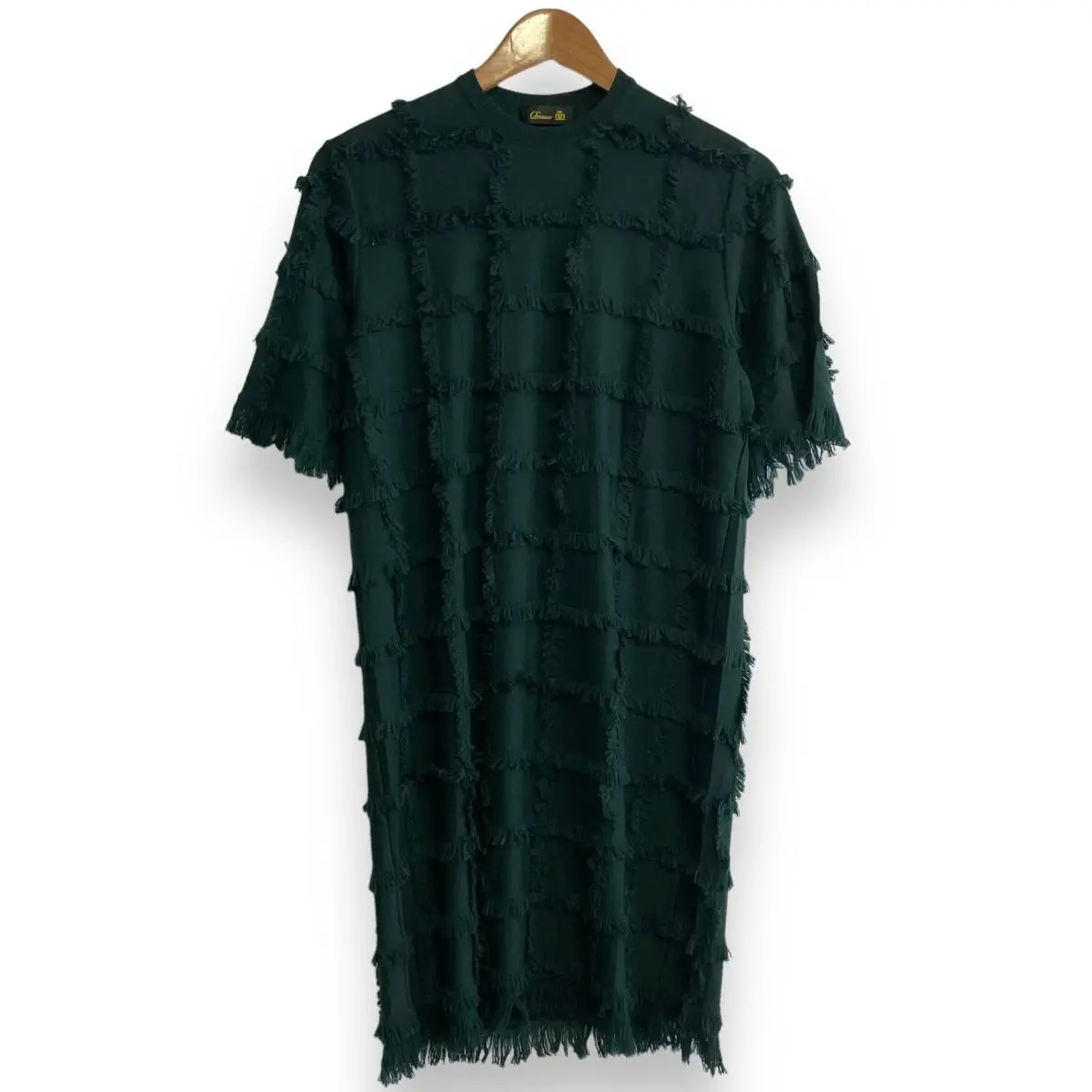 Drawer ドゥロワー 半袖 クルーネック フリンジチェック ひざ丈 ニットワンピース 6526-299-0949 グリーン