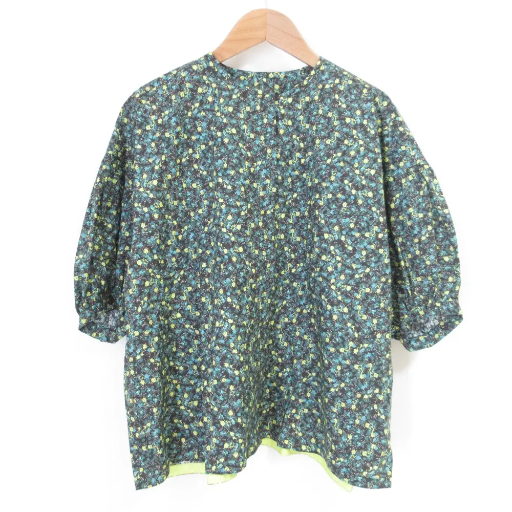 Drawer ドゥロワー フラワープリント パフスリーブブラウス サイズ38 ブルー×イエロー