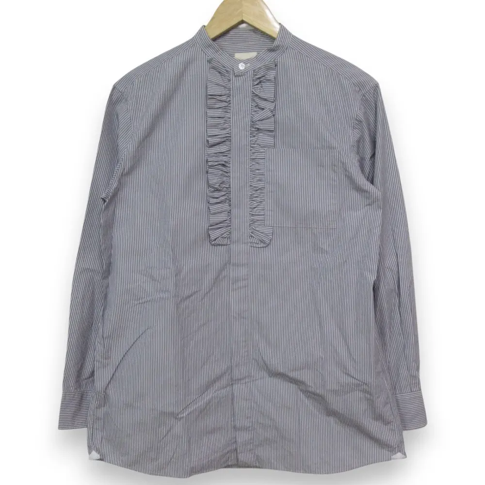 21SS Drawer ドゥロワー コットンストライプフリルスタンドカラーシャツ ブラウス サイズ38 グレー×ホワイト