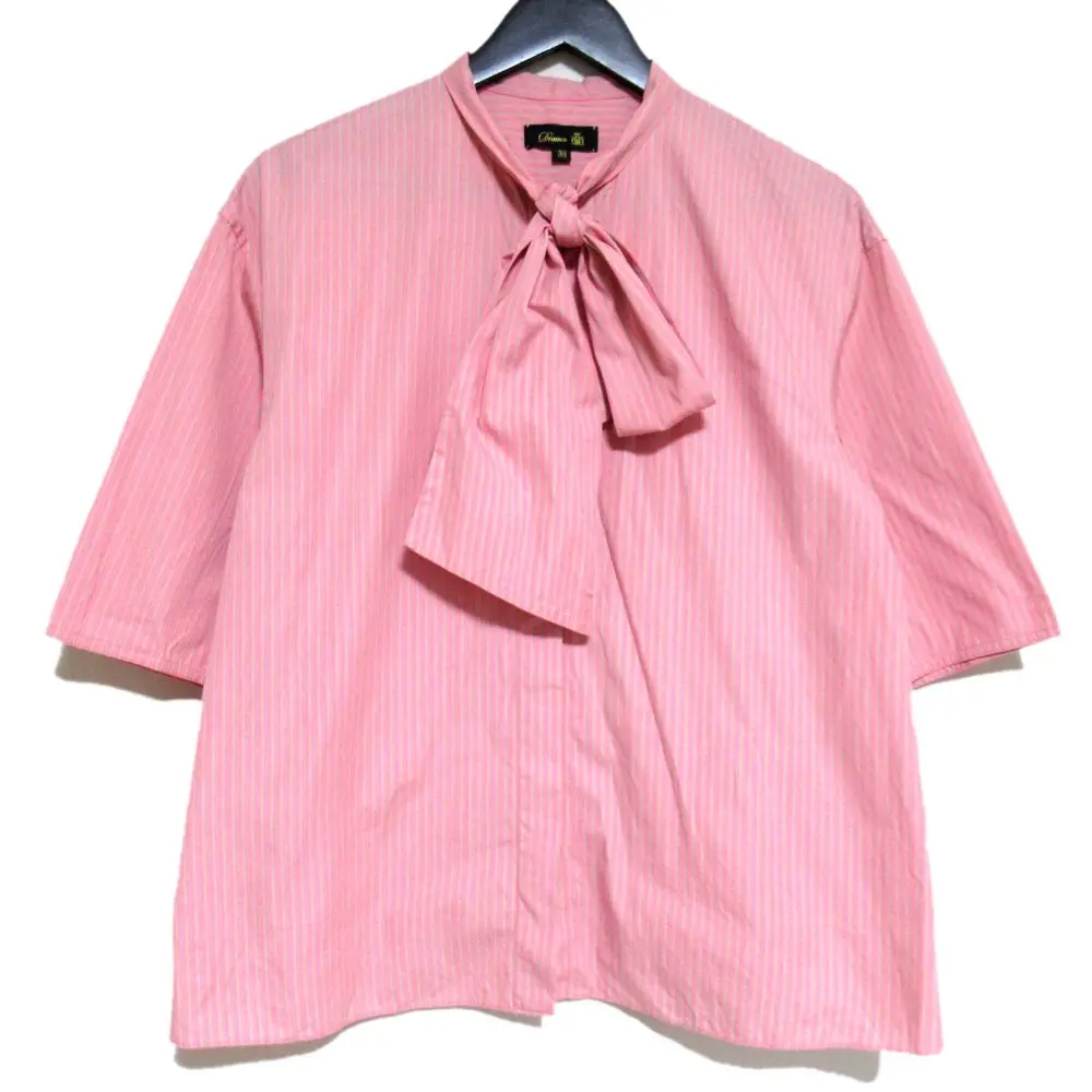 Drawer ドゥロワー PRE2 コットンストライプ ショートスリーブ リボンブラウス サイズ38 ピンク