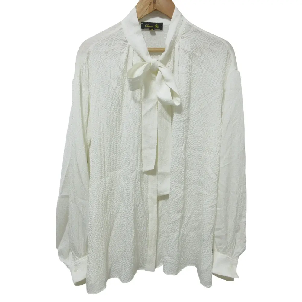 クリーニング済 DRAWER ドゥロワー フクレジャガード タイ付き シルクブラウス 6521-299-1112 サイズ36 ホワイト