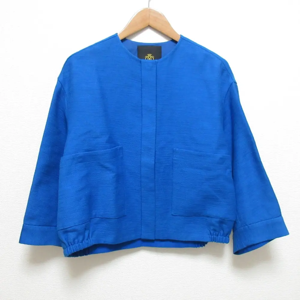 Drawer ドゥロワー コットンスラブノーカラージャケット サイズ36 ブルー