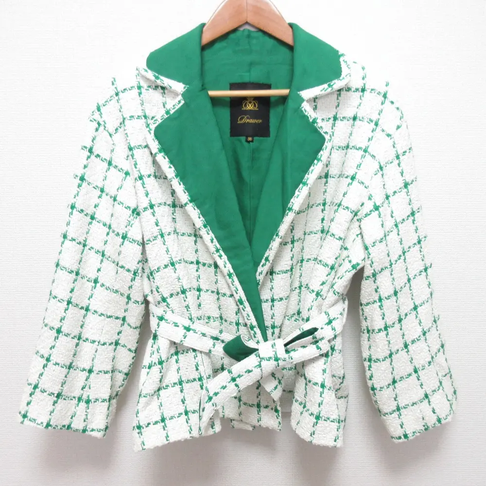 Drawer ドゥロワー WINDOWPANE サマーツイード ベルテッドジャケット サイズ38 ホワイト グリーン