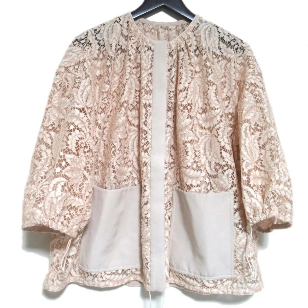 Drawer ドゥロワー パッチポケット レース ブルゾン ノーカラージャケット ピンクベージュ