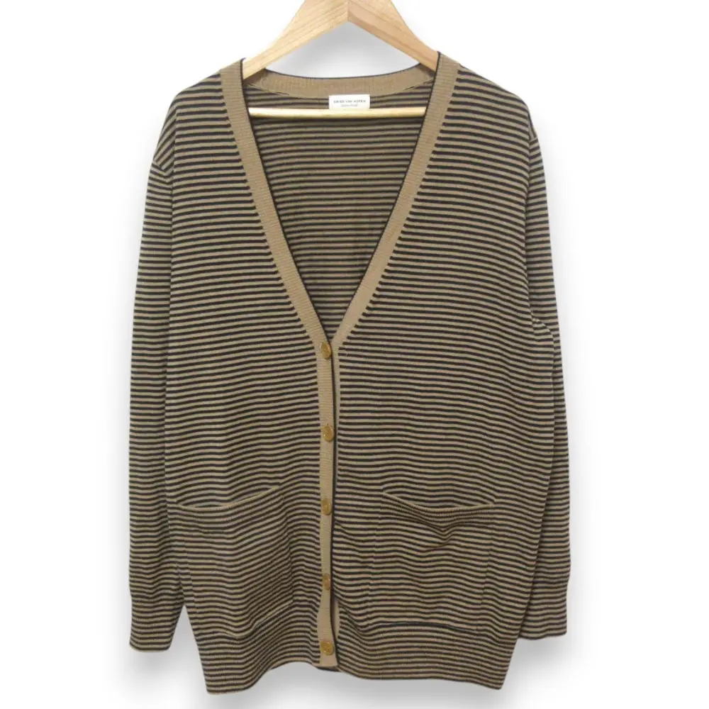 DRIES VAN NOTEN ドリスヴァンノッテン メリノウール ボーダー柄 Vネック ニット カーディガン XS ブラック×キャメル