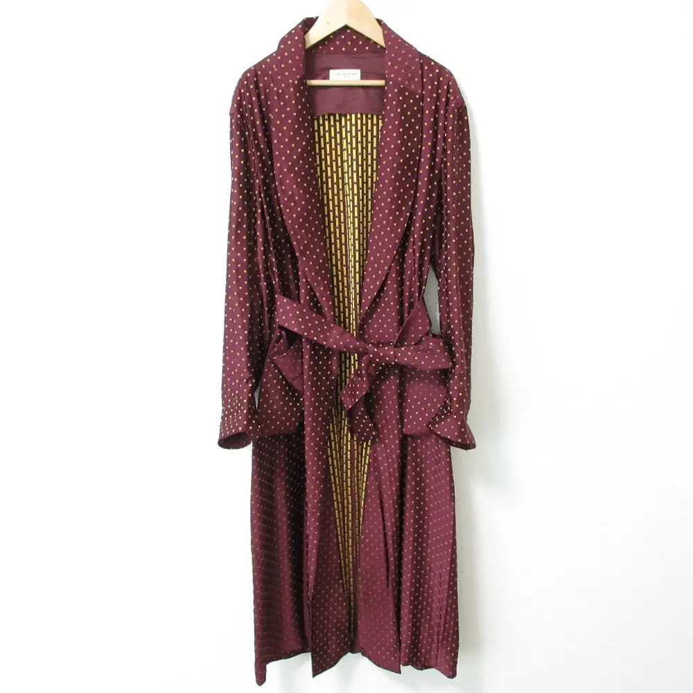 DRIES VAN NOTEN ドリスヴァンノッテン ドット サテン ベルテッド ガウンコート XS ボルドー×ゴールドカラー