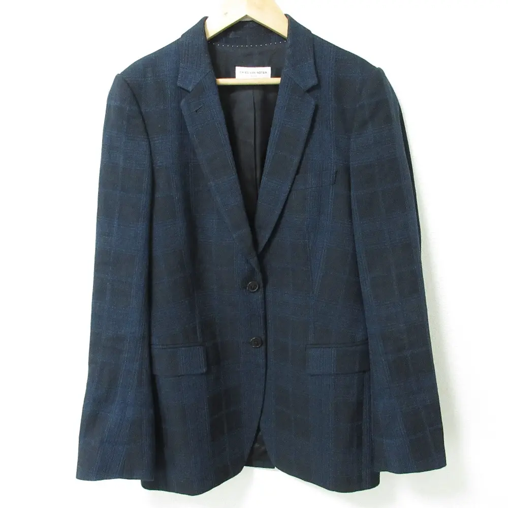 DRIES VAN NOTEN ドリスヴァンノッテン チェック柄 コットンリネン 2B シングル テーラードジャケット 34 ネイビー