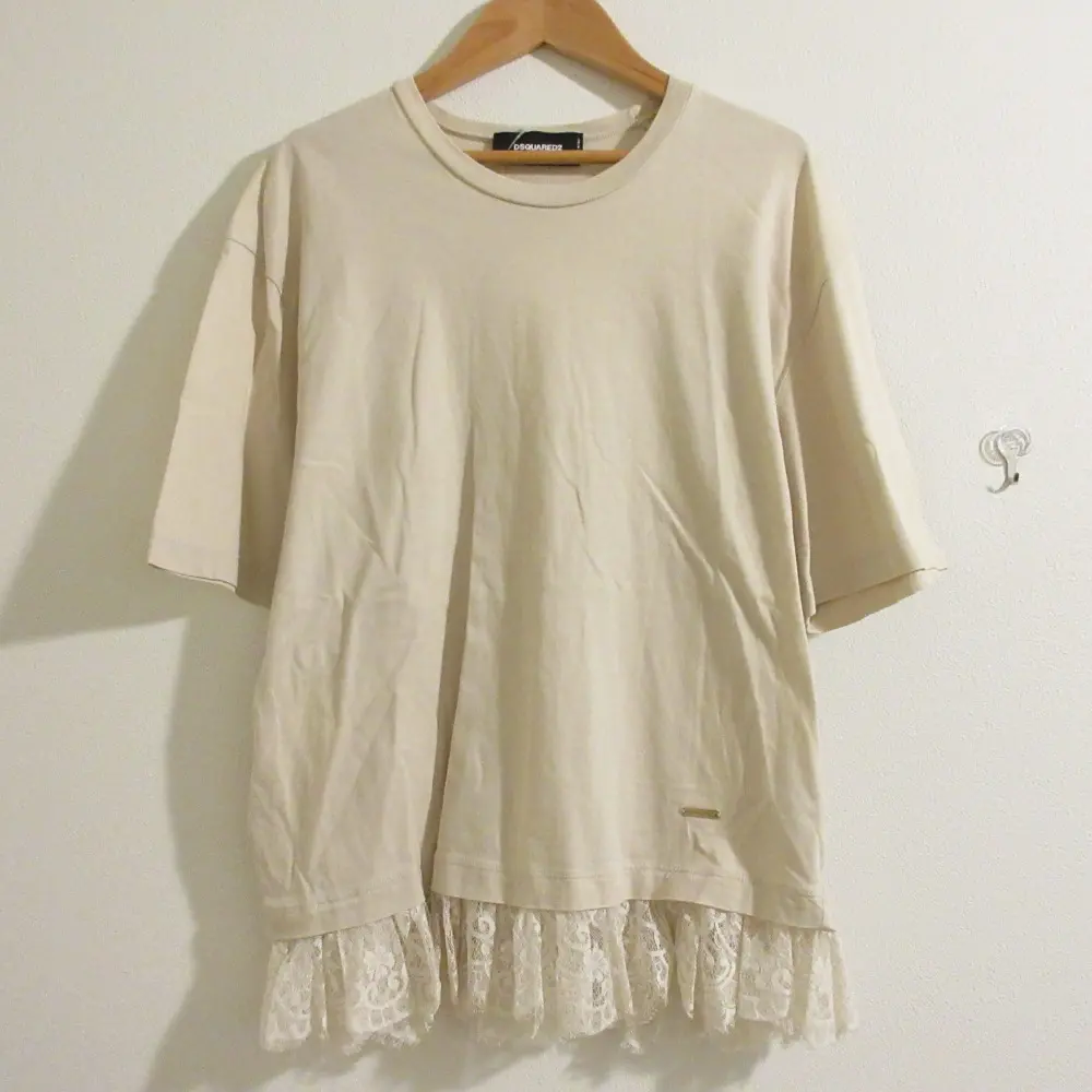 DSQUARED2 ディースクエアード レースヘム 半袖 クルーネック Tシャツ カットソー Lサイズ ベージュ