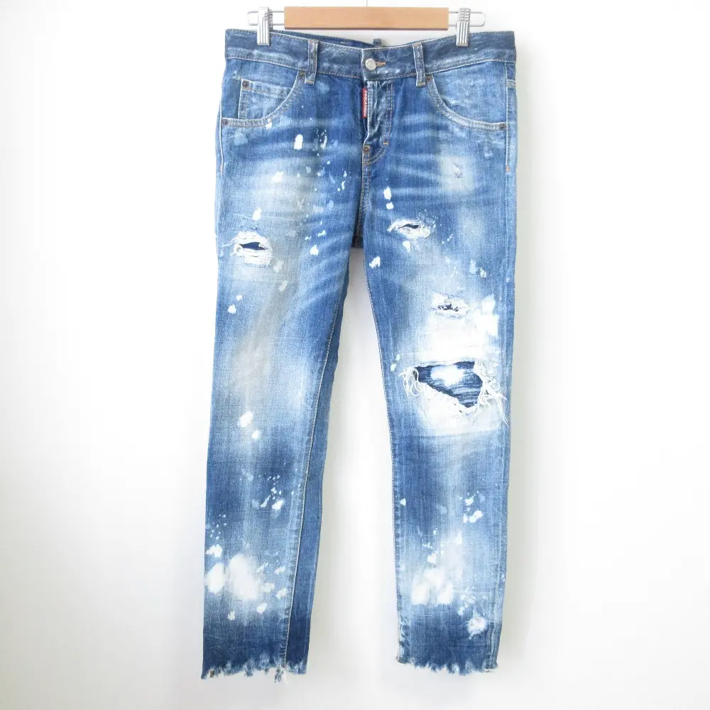 22AW DSQUARED2 ディースクエアード レザーパッチ ダメージ加工 カットオフ デニムパンツ ジーンズ 36 インディゴ