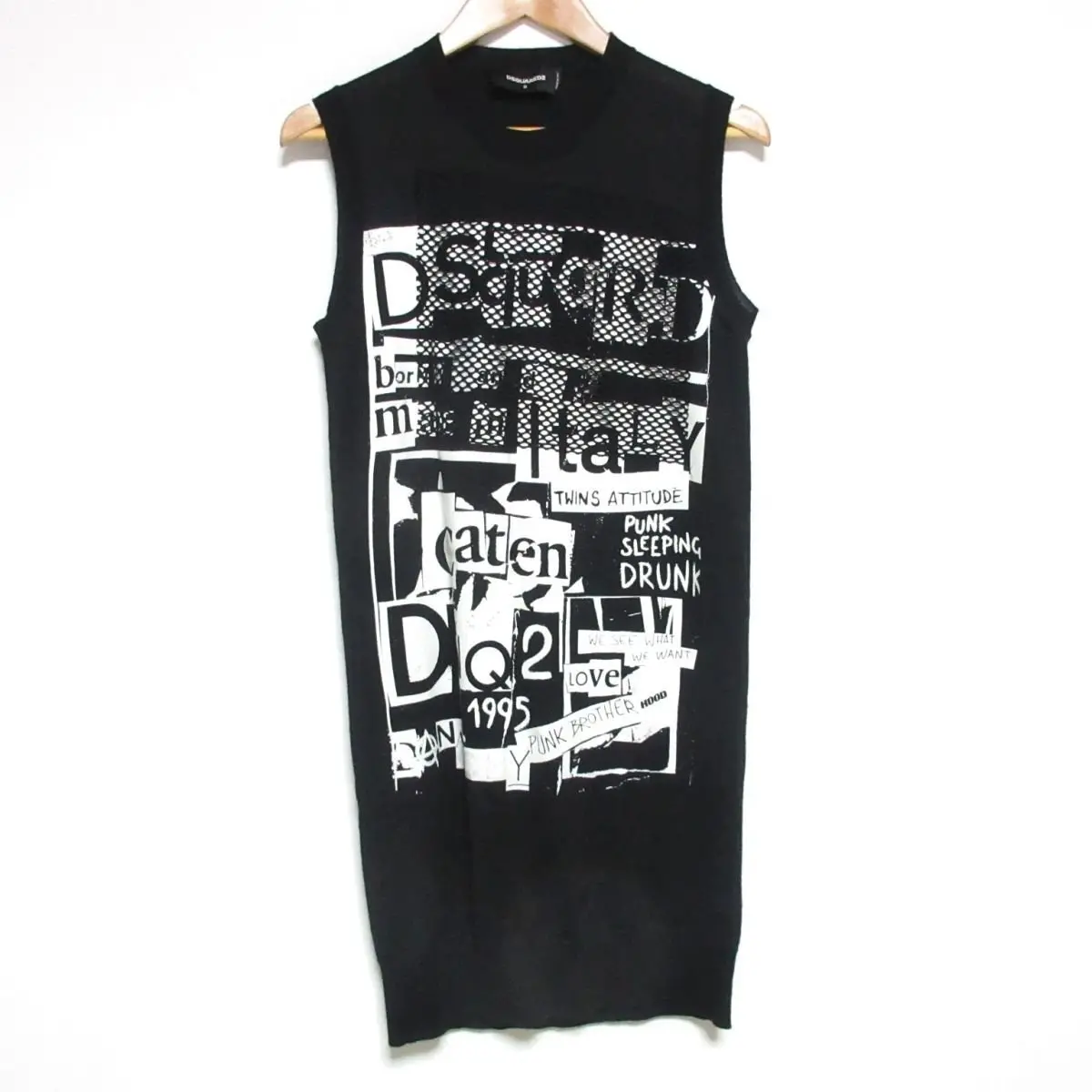 DSQUARED2 ディースクエアード プリント ひざ丈 ノースリーブ ニットワンピース S ブラック