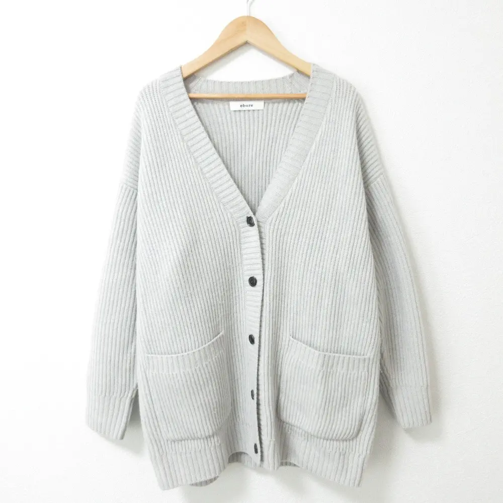 22AW ebure エブール ウール100％ Vネック オーバーサイズ ソフトローゲージ畦 ロングカーディガン ライトグレー