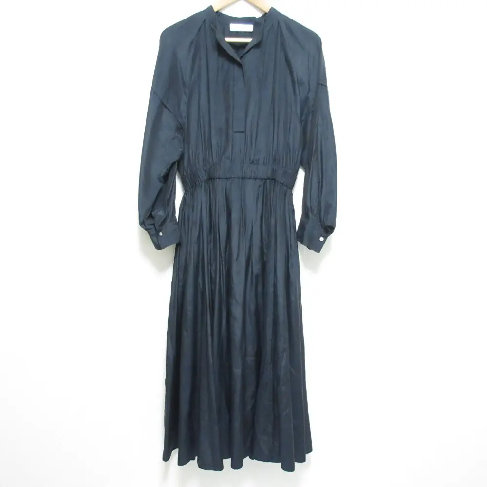 22SS ebure エブール ライトシルクコットン バンドカラーワンピース インナー付き サイズ36 ブラック