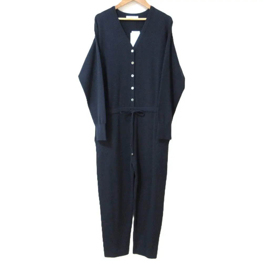 23SS ebure エブール コットンブレンド ブライトスポンジーニット ロングスリーブ Vネック オールインワン 36 ネイビー