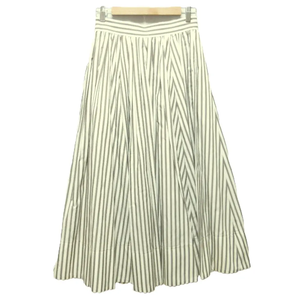 22AW ebure エブール ストライプ柄 コットン×シルク ギャザー フレアロングスカート 36 ホワイト×ブラウン