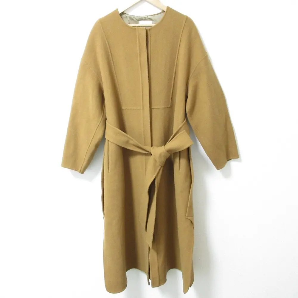 ebure エブール ウール 比翼ボタン サイドスリット ノーカラー ベルテッド リバーコート 38 キャメル