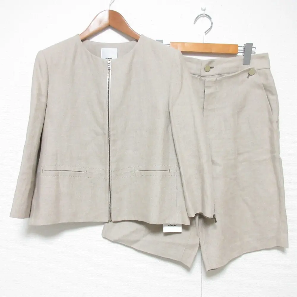 ebure エブール リネンノーカラージャケット ハーフパンツ セットアップ サイズ38/36 グレージュ