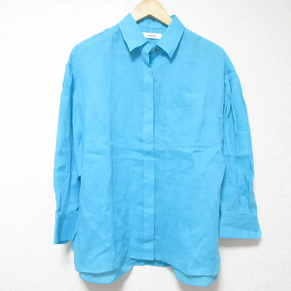 ebure エブール 長袖 七分袖 リネンシャツ ブラウス 38 ブルー