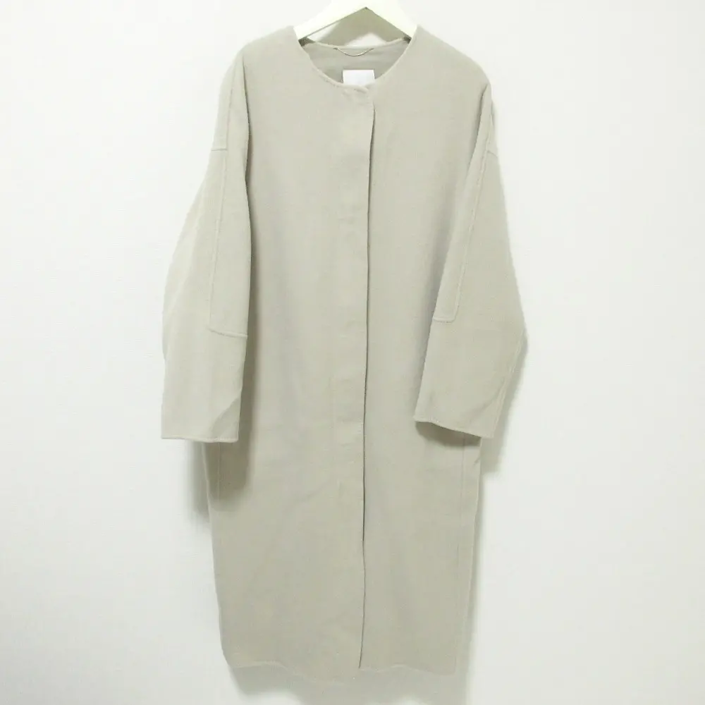 20AW ebure エブール SUPER120’S ウール ダブルビーバー ノーカラー ロングコート 36 ベージュ