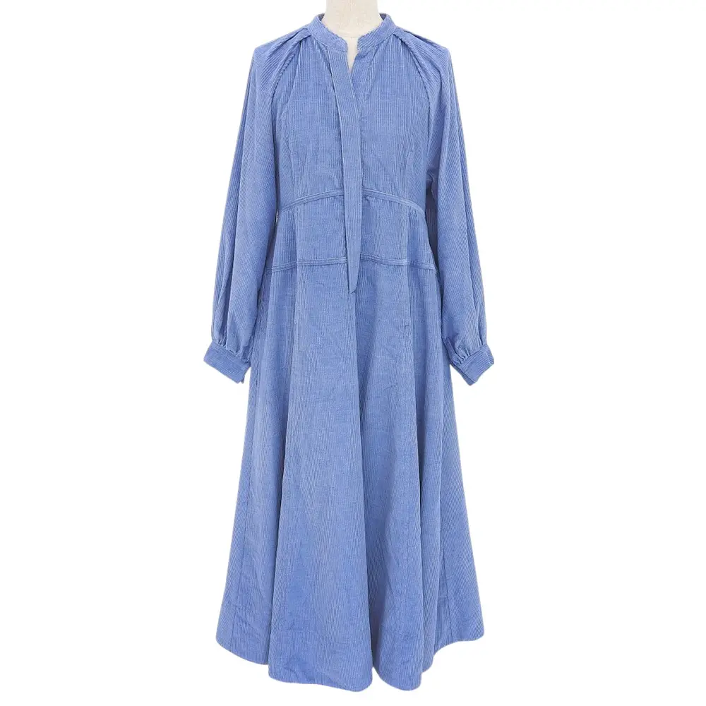 23AW ebure エブール ロング丈 トップカラーコーデュロイ バンドカラーフレアワンピース 3810300296 サイズ36 ブルー