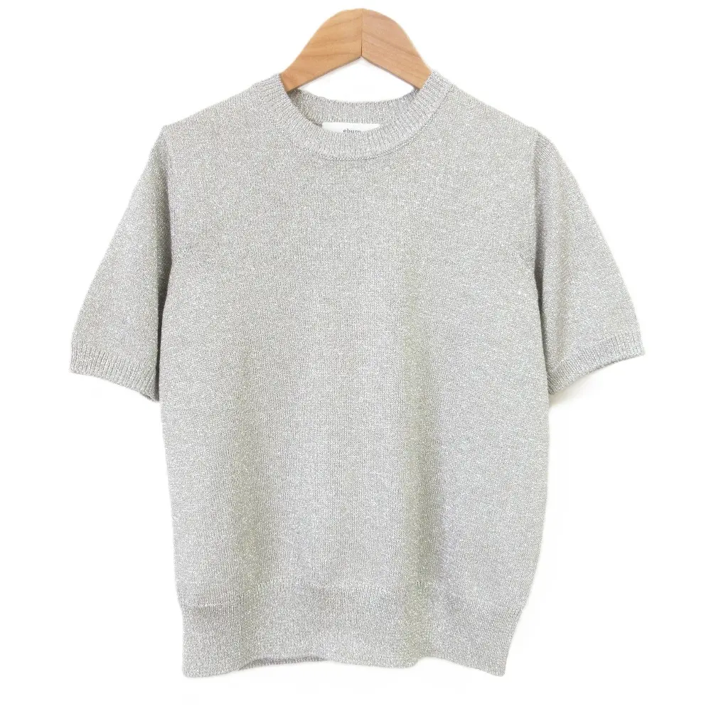 24AW ebure エブール ラメミックスツィード ハーフスリーブ クルーネック プルオーバー ニットカットソー シルバーカラー