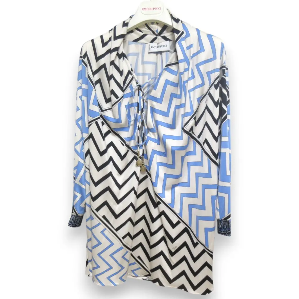 EMILIO PUCCI エミリオプッチ シルク100％ ジオメトリック 総柄 長袖 プルオーバー チュニック カットソー 01RN73 I38 ブルー系