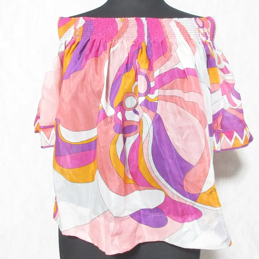 EMILIO PUCCI エミリオプッチ コットンシルク プッチ柄 半袖 オフショルダー プルオーバー ブラウス 36 ピンク系