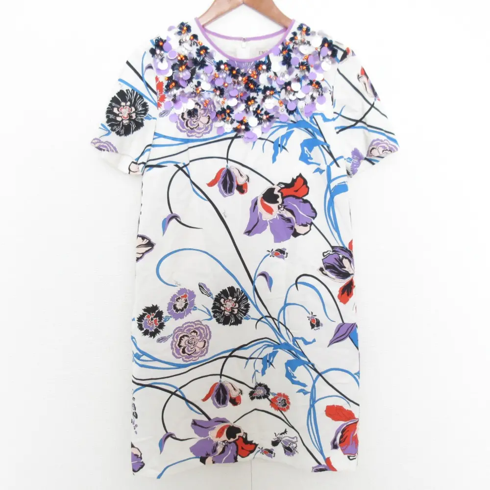 EMILIO PUCCI  エミリオプッチ ビジュー フラワープリント ワンピース サイズ38 ホワイト×パープル