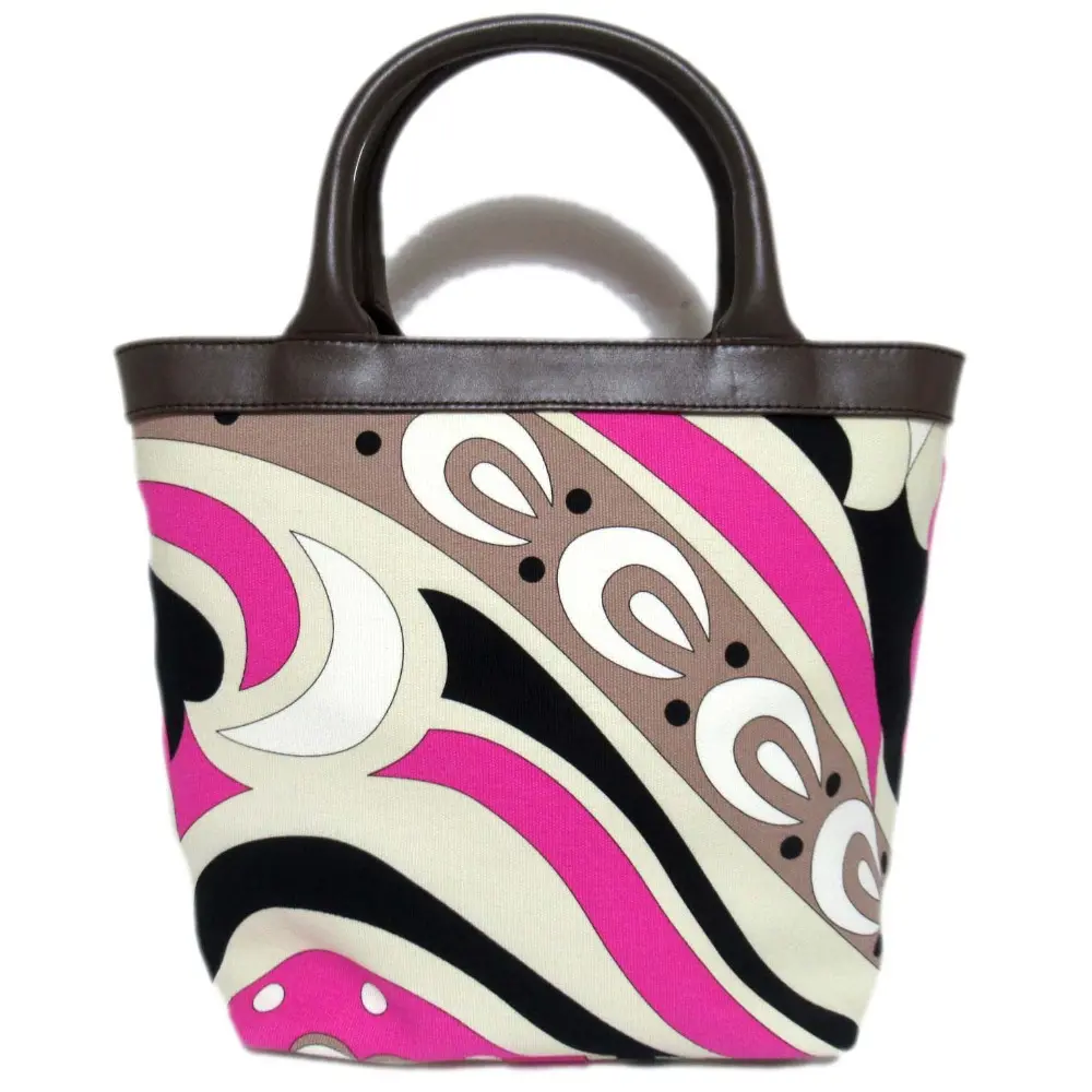 EMILIO PUCCI エミリオプッチ プッチ柄 キャンバス×レザー ハンドバッグ モカ×ピンク系