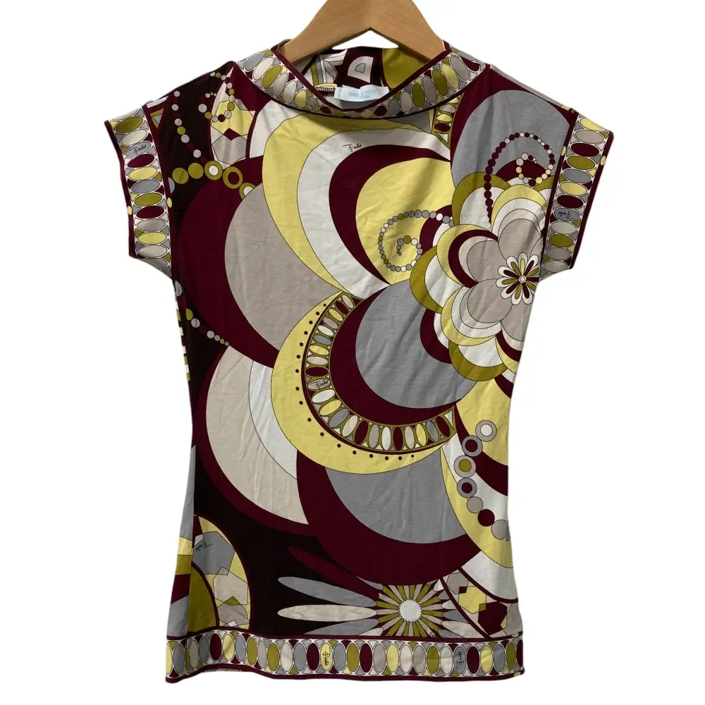 EMILIO PUCCI エミリオプッチ 総柄 モックネック 半袖 ブラウス カットソー XS ボルドー