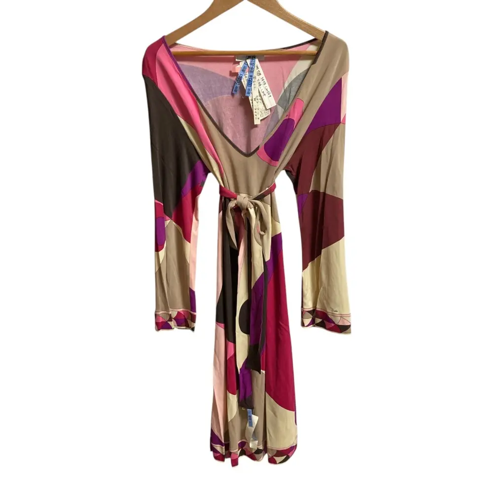 Emilio Pucci エミリオプッチ Vネックロングスリーブ レーヨンワンピース サイズ34 レッド