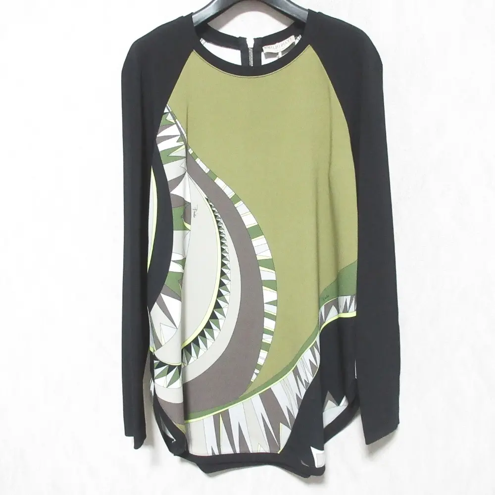 EMILIO PUCCI エミリオプッチ プッチ柄 ロングスリーブ ブラウス プルオーバー カットソー 34 カーキ ブラック
