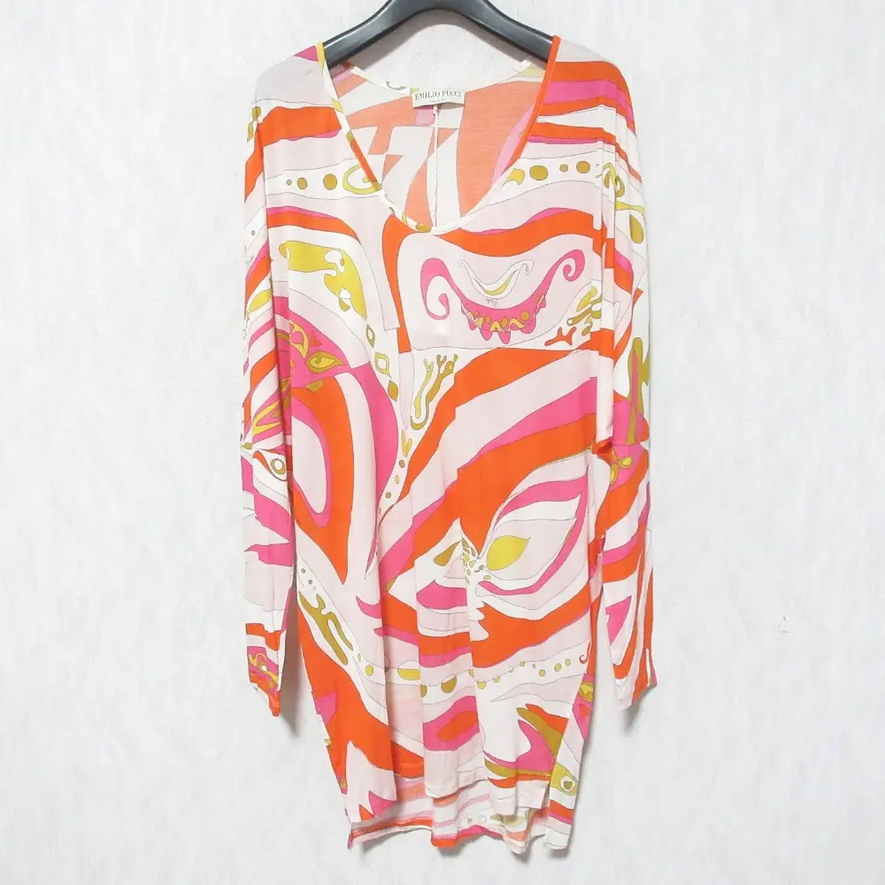 EMILIO PUCCI エミリオプッチ プッチ柄 ロングスリーブ シアーチュニック カットソー 42 オレンジ マルチカラー