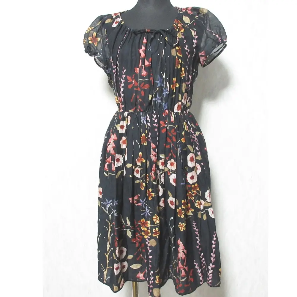 EMPORIO ARMANI エンポリオアルマーニ フラワープリント 花柄 半袖 ひざ丈 フレアワンピース ドレス 40 ブラック