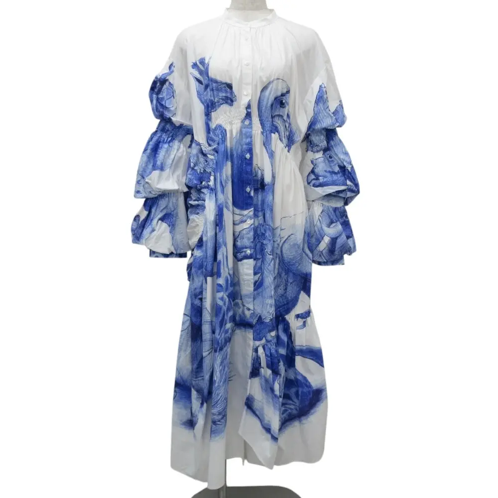 クリーニング済み 21SS ENFOLD エンフォルド ストレッチ ツイル フリル ノーカラー ドレス 300ES333-2980 サイズ 38 ブルー×ホワイト