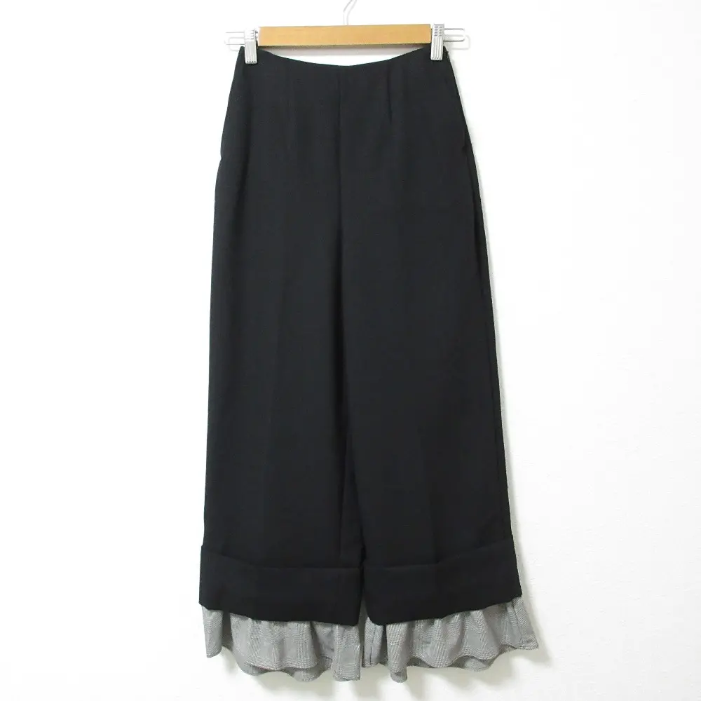 ENFOLD エンフォルド グレンチェック ウール ストレッチ ハイウエスト ワイドドッキング 2WAYパンツ 36 ブラック