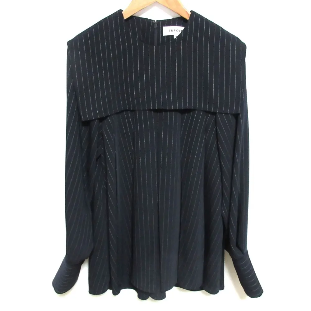 24SS ENFOLD エンフォルド STRIPE PLEATS PULLOVER ブラウス シャツ 38 ネイビー
