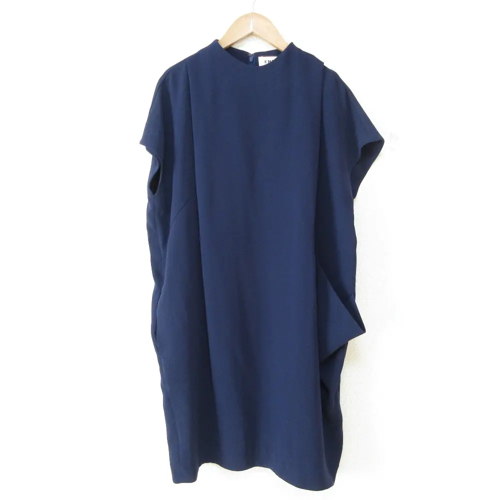 ENFOLD エンフォルド TAジョーゼットワイドOP フレンチスリーブ ひざ丈 Iライン ワンピース ドレス 38 ネイビー