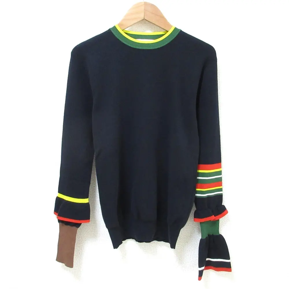 ENFOLD エンフォルド アシンメトリー ロングスリーブ クルーネック プルオーバー ニット セーター 36 ダークネイビー