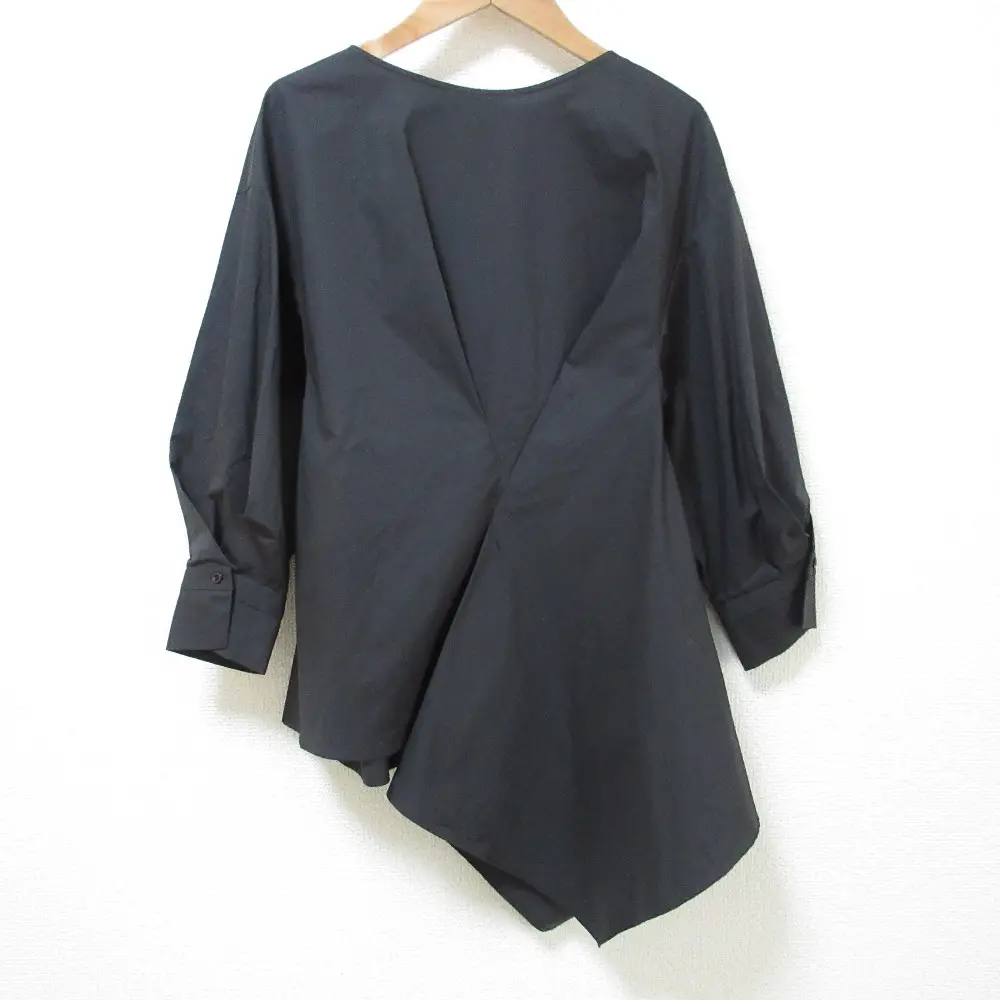 ENFOLD エンフォルド コットンブロードタックブラウス アシンメトリー 長袖 9分袖 プルオーバー シャツ 38 ブラック