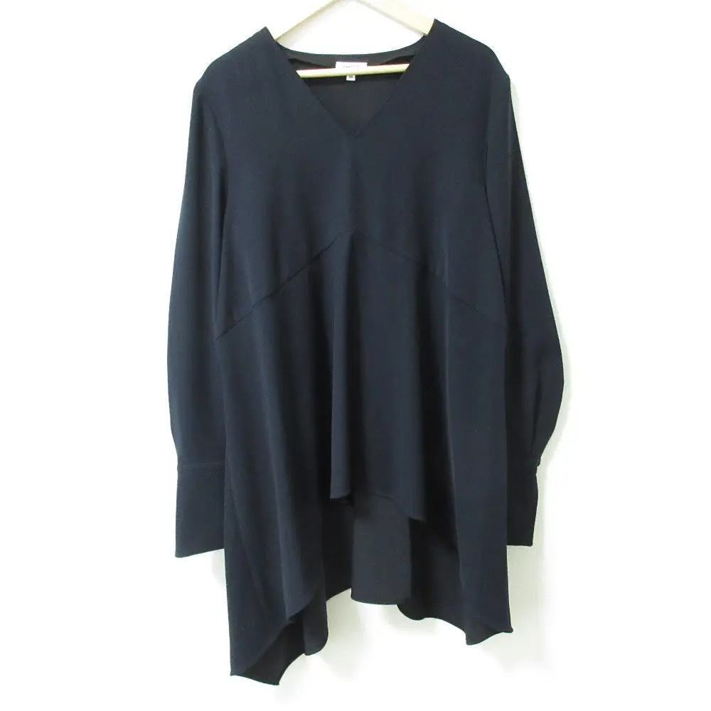ENFOLD エンフォルド ダブルサテンアシンメトリープルオーバー  Vネック 長袖 オーバーサイズ ブラウス サイズ38 ネイビー