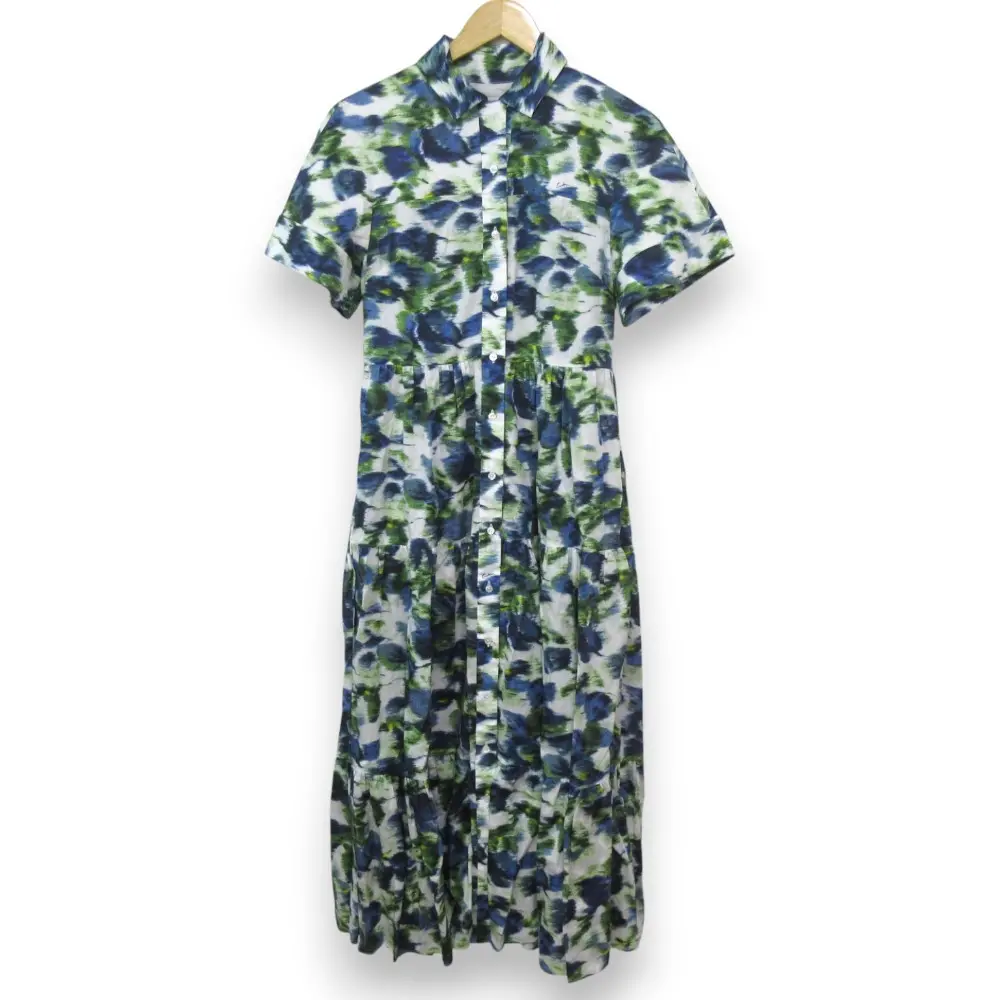 24AW ERDEM アーデム Lucia フラワープリント 半袖 ロングシャツドレス ワンピース I38 ホワイト×グリーン×ブルー