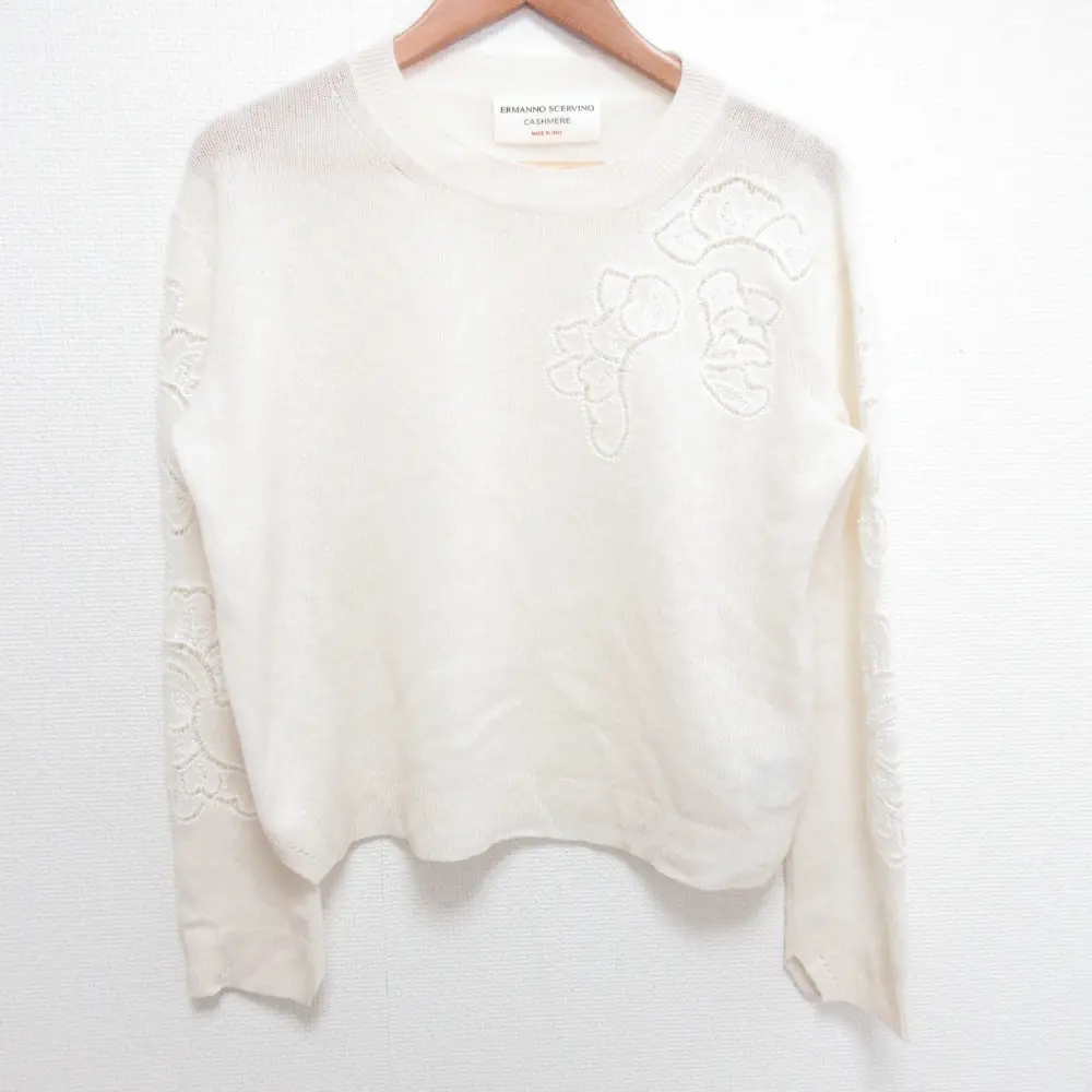 ERMANNO SCERVINO エルマノシェルビーノ カシミヤ100％ 長袖 ハイゲージニット セーター サイズ42 ホワイト キナリ
